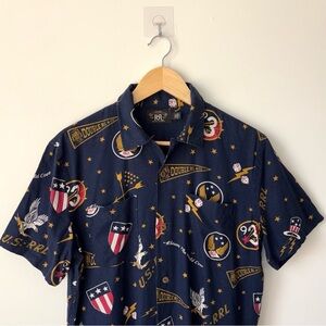 RRL Double RL Linen Rayon Camp Shirt Size M Loop Collar Navy Blue AOP Graphic